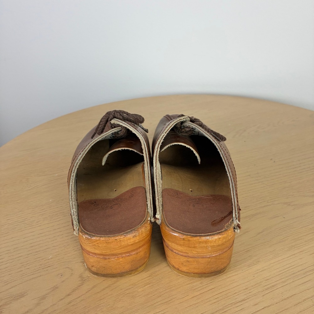 Bastad-Original Brown Leather Wooden Clogs Boho Retro Lace Up Mules Women's 37 - Picture 5 of 8